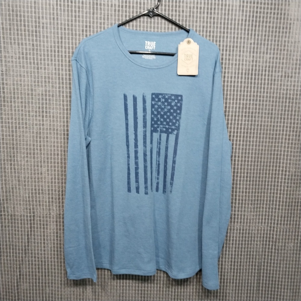 True Craft Mens Thermal Long Sleeve Shirt American Flag XL Riverside Blue